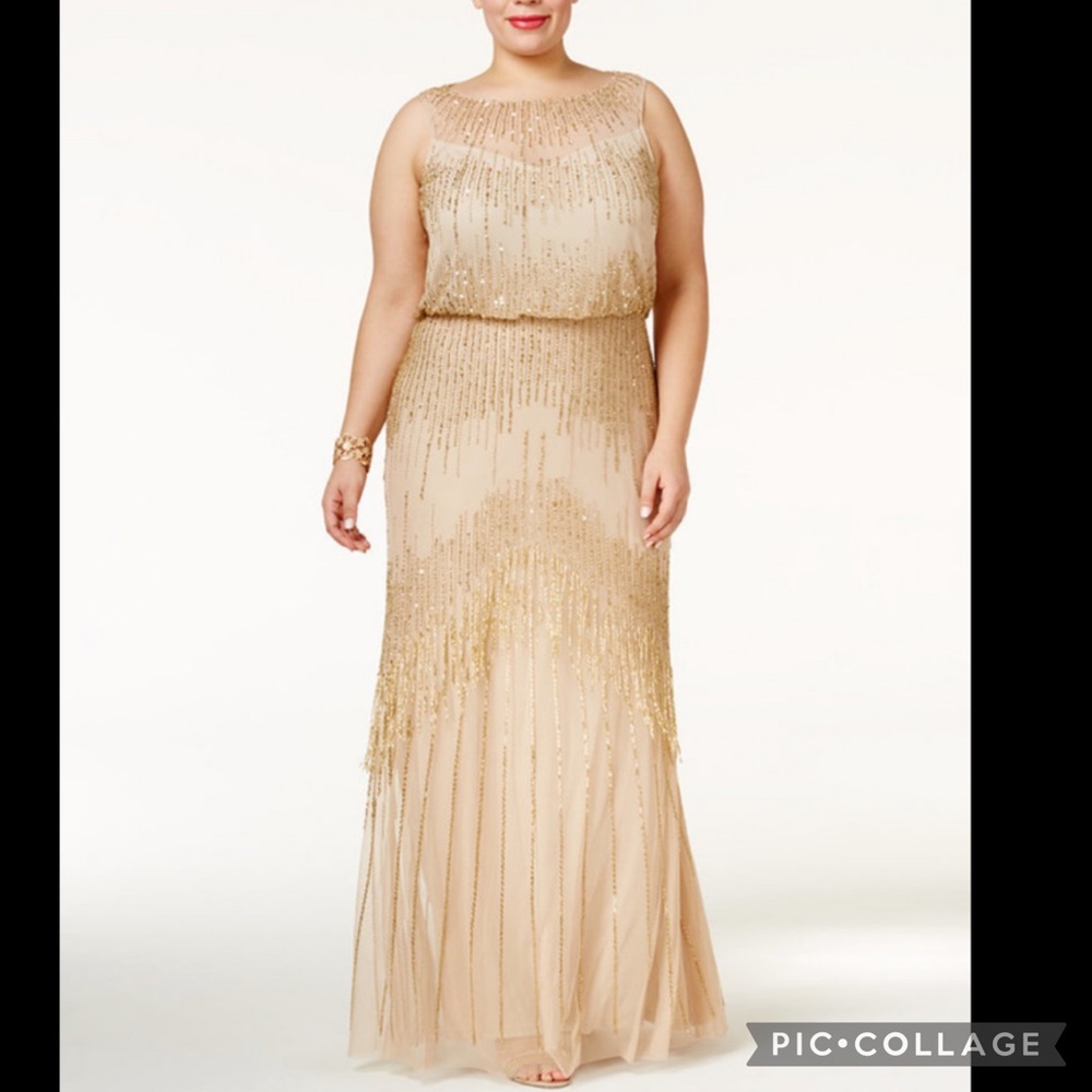 Adrianna papell Champagne/gold fully beaded sheer neckline and fringes gown - Picture 3 of 11